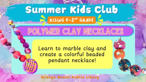 Colorful necklaces made out of rounded polymer clay on a marbled color background.