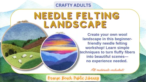 Pictured: two embroidery hoops featuring landscapes. One is a sunset over a mountain and one is a field with sheep.