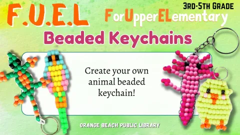 Pictured: Four pony bead keychains. One pink axolotl, one yellow chick, one colorful parrot, and one green lizard