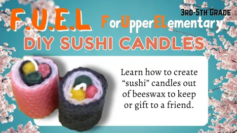 Pictured: two beeswax candles rolled to look like sushi on a blue background with cherry blossoms 