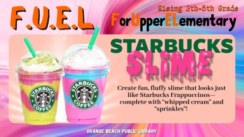 Pictured two Starbucks cups filled with slime that looks like a Starbucks Frappuccino slime.