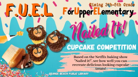 Picture shows three decorating cupcakes of a bear and one cupcake that has fallen upside down.