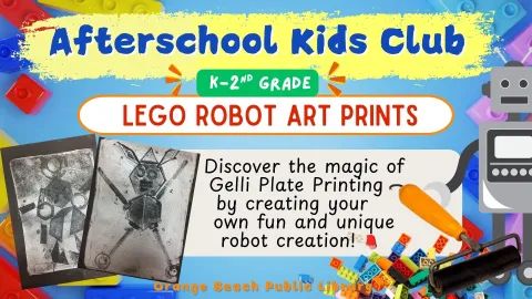 Black and white robot artwork on colorful background with legos and cartoon robot. 