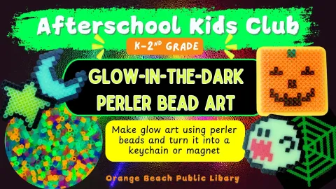 Glow in the dark perler bead craft of a green star, blue moon, orange square jack-o-lantern, a spiderweb, and the Mario ghost. 