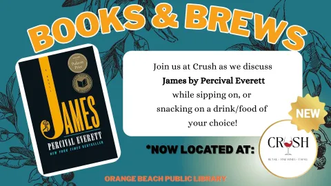Pictured is the black and gold book cover of "James" and the logo, a red wine glass, of Crush. 