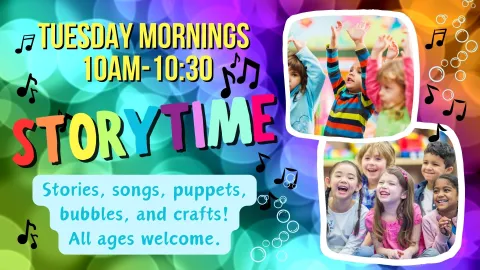 Colorful background with children ages 2-6 laughing and enjoying storytime. 