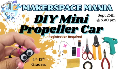 tools and materials next to a hand holding a small propeller car with googly eyes