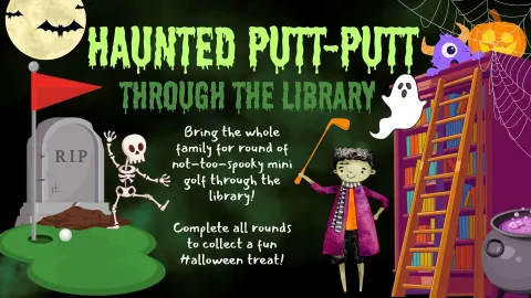 A cartoon gravestone, skeleton, ghost, standing near a golf hole and flag. And a cute cartoon Frankenstein holding a golf club near a spooky bookcase. 