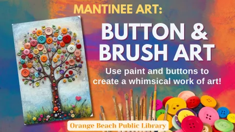 Tree painting with buttons as the "leaves" on a colorful background. 