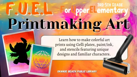 Printmaking supplies on a colorful background
