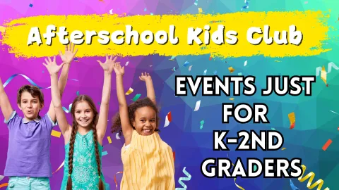 Kids excited with their hands up and confetti behind them.