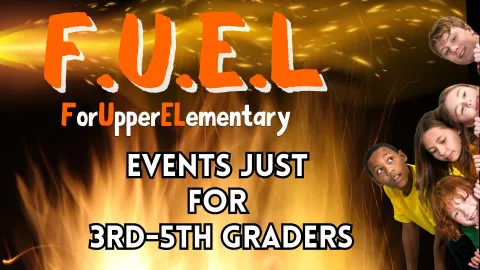 Cool fire background with kids featured peaking around the corner in excitement.