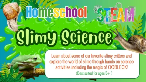 Pictured is a 3 snails and a green tree frog on a blue and green background that has bright green slime behind the title of the program. 