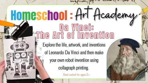 Portrait of Leonardo Da Vinci and a black and white robot print artwork.