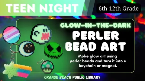 Glow in the dark melted bead craft featuring a shooting star, Jack Skeleton, a colorful rainbow design, the Mario mushroom, and Mario ghost, and the moon.
