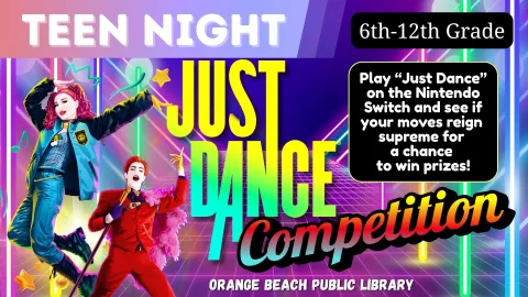 Just Dance Competition flyer featuring a colorful background and just dance characters dancing in the foreground. 