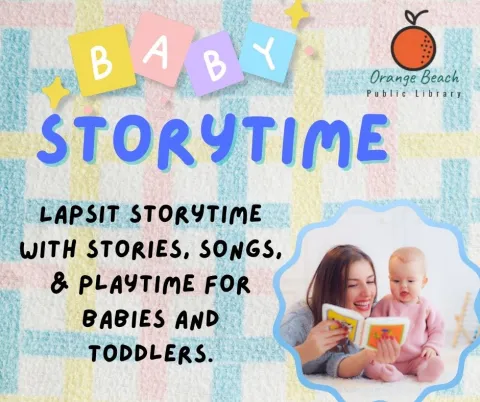 Pastel colored plaid background with a picture of a caregiver and her baby reading a book. 
