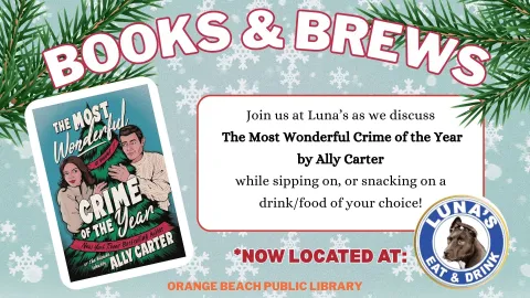 Pictured: the book cover of "The Most Wonderful Crime of the Year" by Ally Carter. It has two brunette people, a man and a woman around a christmas tree. 
