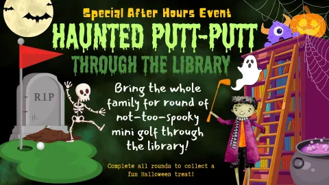 A cartoon gravestone, skeleton, ghost, standing near a golf hole and flag. And a cute cartoon Frankenstein holding a golf club near a spooky bookcase. 