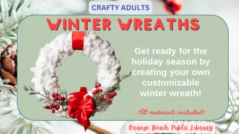 Pictured is a white wreath with red winter details on a green winter background.