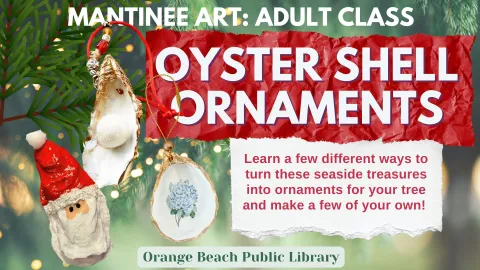 christmas tree background with 3 different oyster shell ornmaents: one that is painted gold on the outside, one that is painted to look like santa, and one that is a decoupaged floral ornament. 