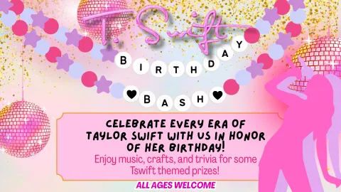 Taylor Swift silhouette with friendship bracelet spelling out Birthday Bash on pink, purple, and orange background.