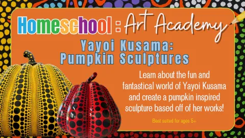 Pictured a yellow and red pumpkin sculpture covered polka dots