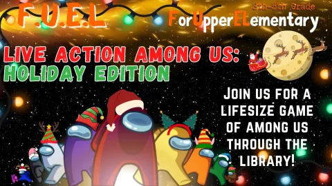 Cartoon Among Us characters wearing various holiday hats on a galaxy background with santa flying his sleigh over the moon.