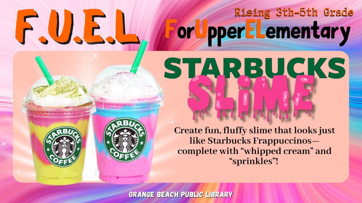 Pictured two Starbucks cups filled with slime that looks like a Starbucks Frappuccino slime.