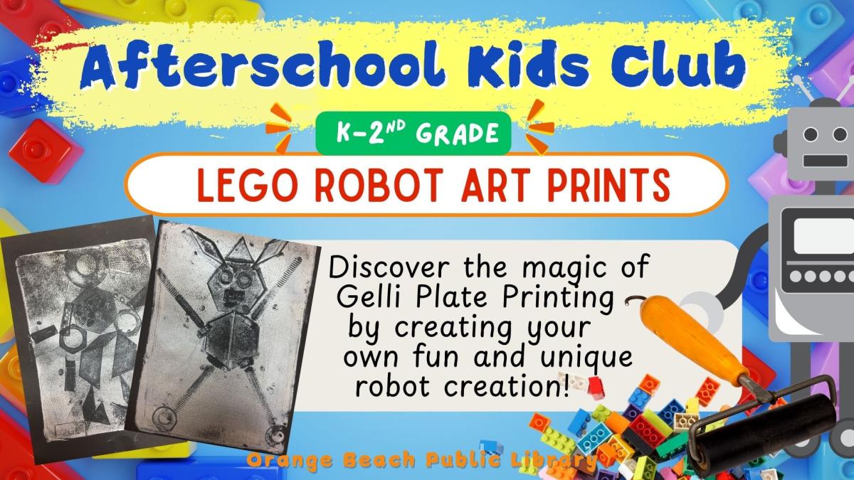 Black and white robot artwork on colorful background with legos and cartoon robot. 