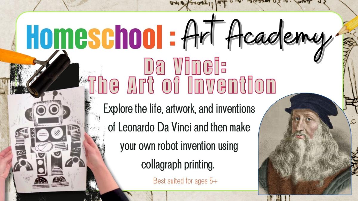 Portrait of Leonardo Da Vinci and a black and white robot print artwork.