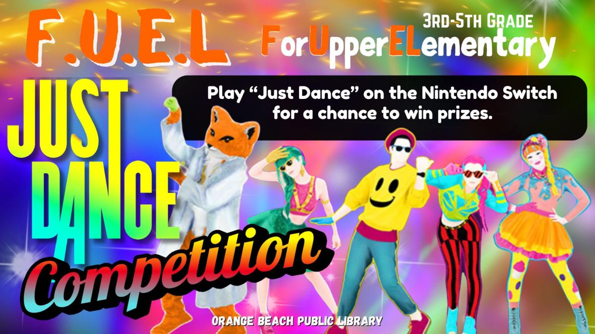 Just dance colorful characters on a colorful background featuring the text "Just Dance Competition"